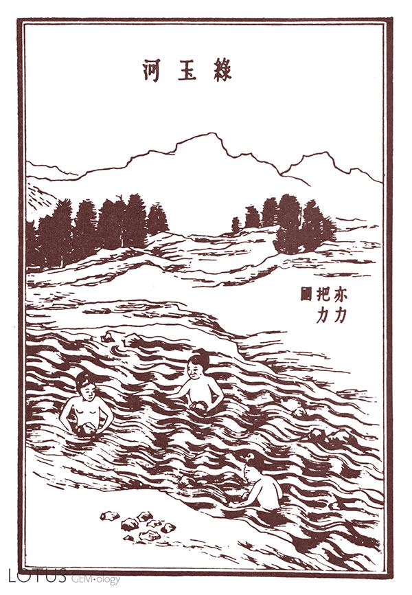 Figure D-1. Jade pickers in the Karakash river near Hotan (aka Khotan, Hetian) in western China's Xinjiang Province. Jade is said to be masculine and thus would be attracted to females. Autumn moonlit nights were thought to be the best time to find jade, as it was believed that the jade would reflect the moonlight. From the T'ien Kung K'ai Wu by Sung Ying-hsing, a 1637 AD Chinese encyclopedia.