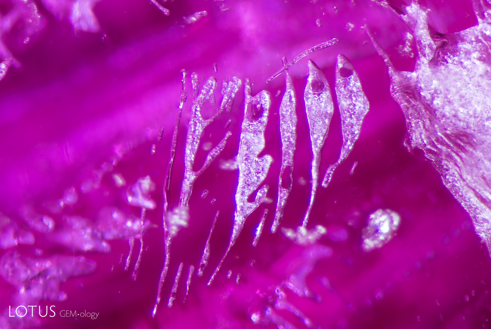 Flux-filled cavities in Kashan synthetic ruby.
