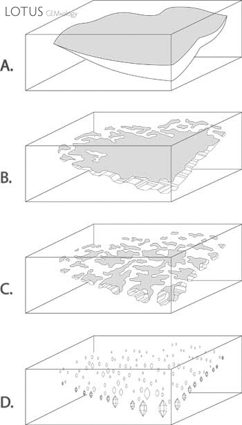 Figure 2. Formation of a fingerprint The healing of a crack in a crystal, resulting in secondary cavities (‘fingerprint’). A. A fracture develops during or after the crystal’s growth. B. Healing begins. Growth solutions flow into the fracture and/or the inner walls of the crack are partially dissolved, beginning the healing process. C. Healing continues. Dissolved nutrients are re-deposited on the inner walls of the crack as the healing proceeds. D. Eventually the fluid-filled cavities become more angular in shape, turning into fluid-filled negative crystals arranged in a fingerprint pattern. The fluid that remains behind has been leeched of its nutrients. These pockets containing exhausted growth solutions are smaller along the inner edges and bigger near the outer edges of the original crack. (After Roedder, 1962) Illustration © Richard W. Hughes