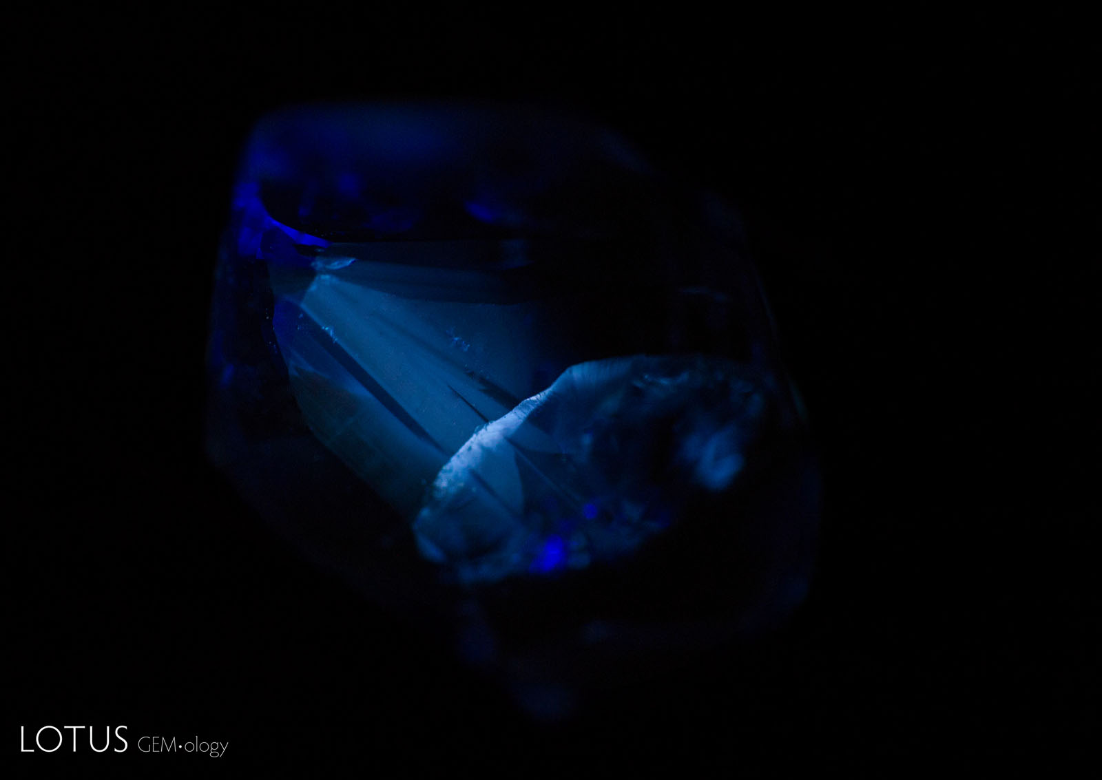 A: Once sample 6 was heated to 1000°C, we observed a weak zoned chalky fluorescence. The stronger whitish band is the fluorescence in a small fissure on one end of the stone, but an angular zoned chalky blue fluorescence can be seen in the body of the stone.