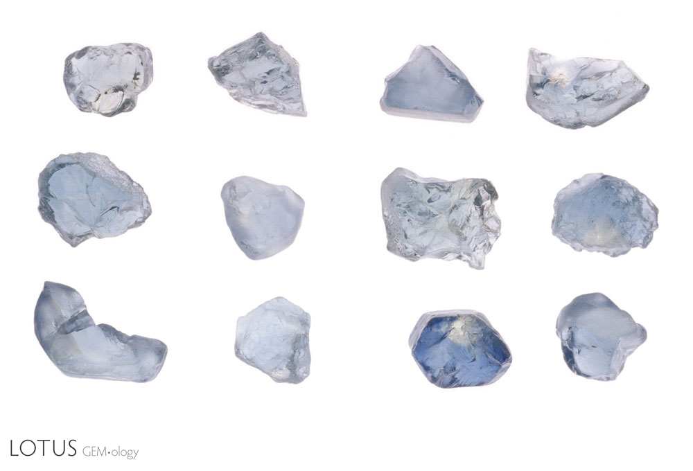 Basalt-related Madagascar sapphires before (left) and after (right) heating to 950°C for ten hours in air. This process, which has been used since at least 1916, is commonly used today to lighten dark blue sapphires. It is difficult to detect, as basalt-related sapphires are naturally heated by the magma that brings them to the earth's surface.