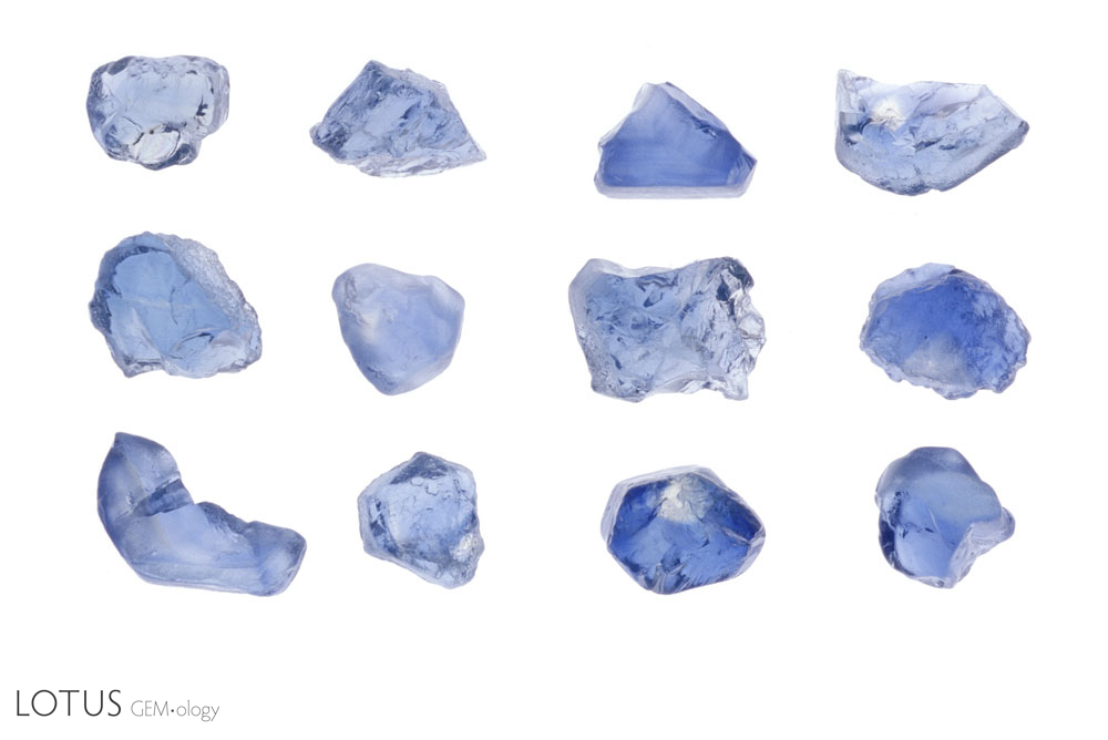 Basalt-related Madagascar sapphires before (left) and after (right) heating to 950°C for ten hours in air. This process, which has been used since at least 1916, is commonly used today to lighten dark blue sapphires. It is difficult to detect, as basalt-related sapphires are naturally heated by the magma that brings them to the earth's surface.