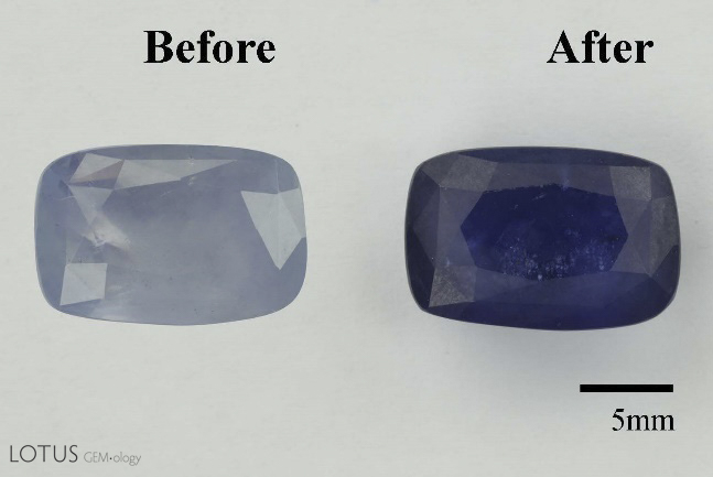 Three examples of sapphires before and after HT+P treatment.