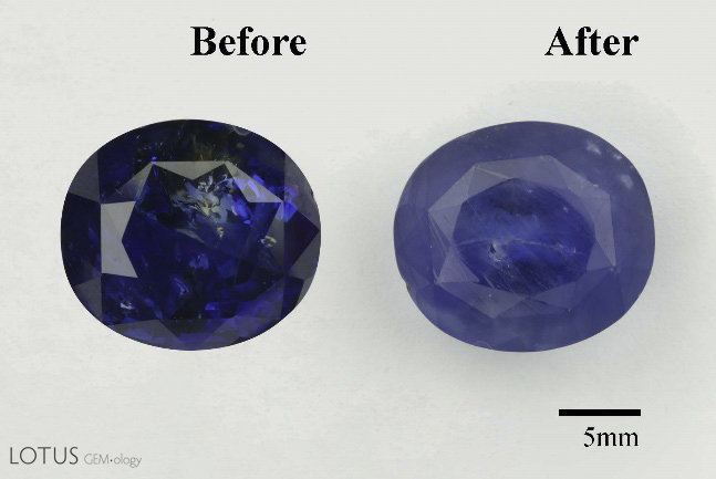 Three examples of sapphires before and after HT+P treatment.