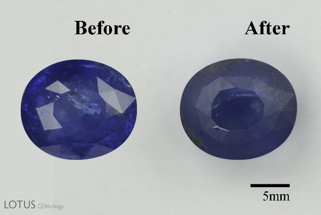 Three examples of sapphires before and after HT+P treatment.