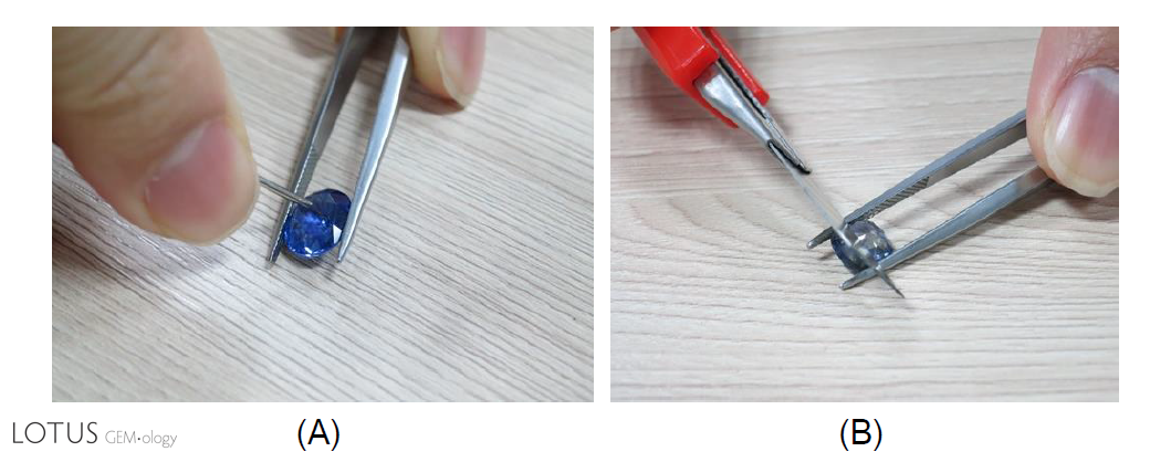 Attempting to scratch sapphires treated with high temperatures and pressure with a paper clip (top left) and a steel blade (top right) resulted in no damage whatsoever, only leaving debris from the metal on the stone's surface (below right).