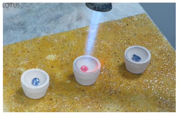 Following heating with a jeweler's torch, only one stone in Categor C (highly included) showed damage. This is to be expected from any highly inluded sapphire, treated or not.