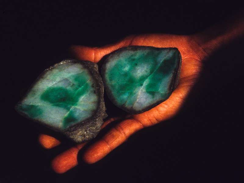 Sectioned jade boulder at Hpakan. The think brown skin typically hides all traces of color inside. Only cutting reveals the true value