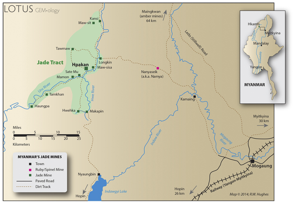 Sketch map of Upper Burma, showing the authors' route to the jade mines at Hpakan