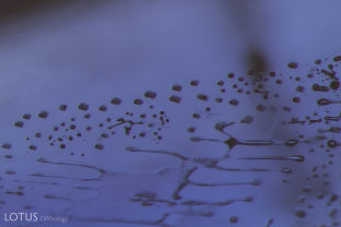 Melted fingerprints showing heat altered octahedra give evidence of heat treatment in this cobalt diffused spinel.