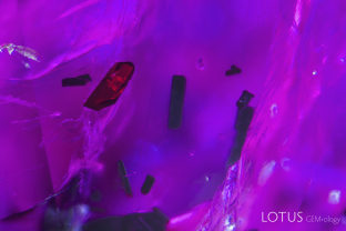 In this ruby believed to be from Afghanistan’s Jegdalek mines, dark orange to black tetragonal prisms were seen. We used micro Raman on one cut through at the surface to confirm its identity as primary rutile.