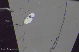 In this ruby believed to be from Afghanistan’s Jegdalek mines, dark orange to black tetragonal prisms were seen. We used micro Raman on one cut through at the surface to confirm its identity as primary rutile.