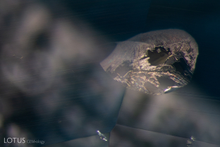 The glassy appearance and melted channels in this fingerprint, or partially healed fissure, are signs that this blue sapphire was heat treated.