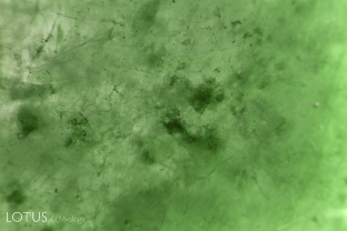 Dye concentrations are clearly visible in this dyed green fei cui jade from Myanmar.
