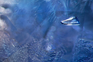 This spinel was treated with cobalt diffusion. Signs of the treatment can be seen in the drippy appearance of the fingerprint and slightly melted, rounded edges of the crystal seen here.