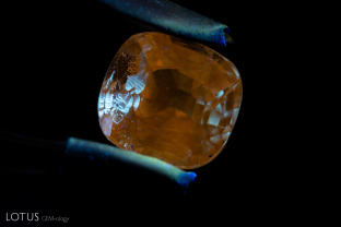 When illuminated with a longwave UV torch, this sapphire displayed areas with chalky fluorescence. These chalky areas were fissures that were treated with a filler that fluoresced under the UV light. After detection, the owner of the stone opted to remove the filler.