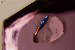 This large, transparent crystal is suspended in a ruby from Myanmar’s Mogok stone tract. Micro Raman analysis identified it as sphene.