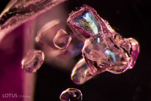 This Myanmar ruby contained a striking cluster of angular crystals. Analysis with micro Raman revealed that they are spinel.