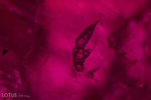 The most common inclusions in Knischka rubies are platinum plates (small black triangle at the left) and glassy two-phase inclusions (center). These often exhibit a bipyramidal structure.