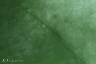 Dye concentrations are clearly visible in the fissures/grain boundaries of this dyed green fei cui jade from Myanmar.